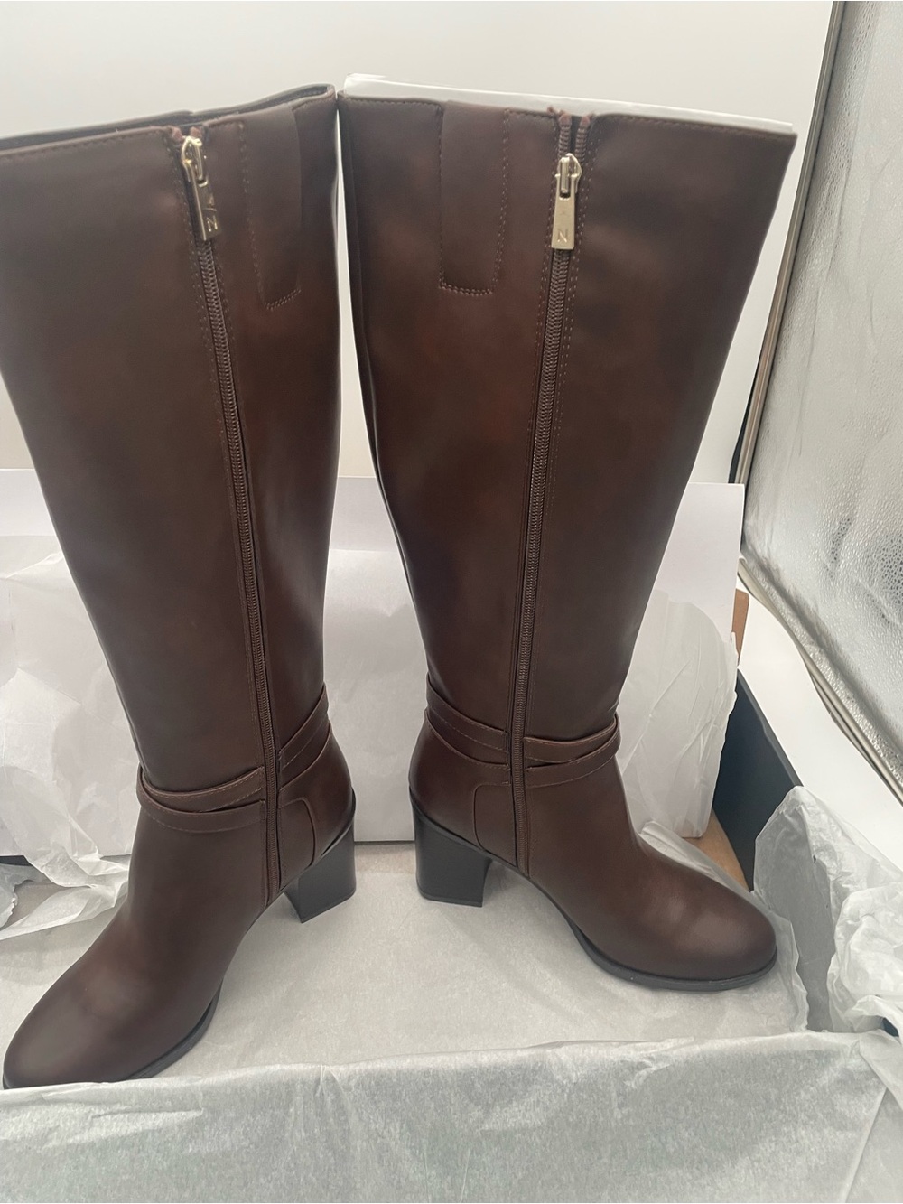 Naturalizer Tall Brown Leather-Look Heeled Boots with Side Zip
